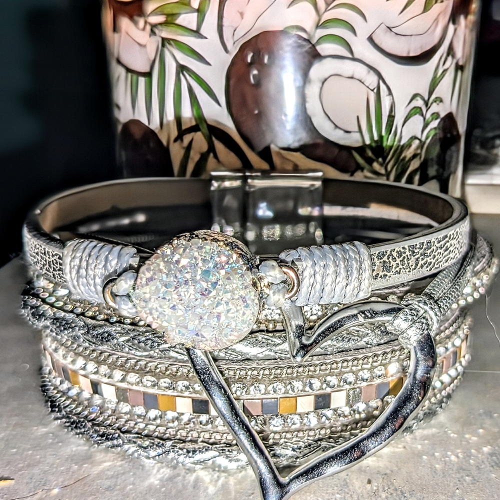 Multilayer Silver Bracelet with Crystal Accent